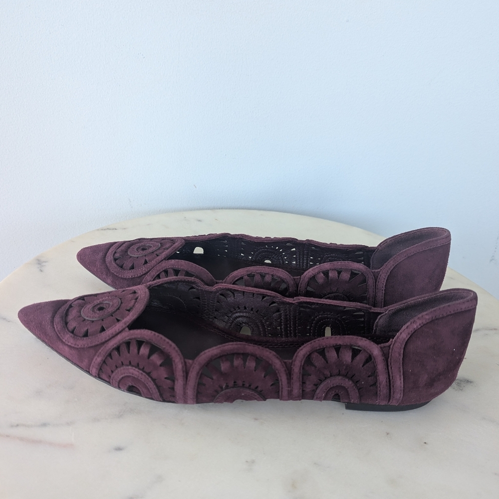 Tory Burch Leyla Burgundy Suede Laser Cut Pointed Toe Ballet Flats - Picture 7 of 11